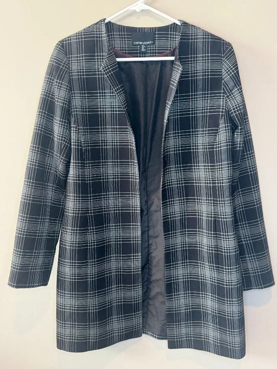 Cynthia Rowley Blazer Jacket S Women Black Plaid Open Long Sleeve Shoulder Pads - Picture 1 of 8